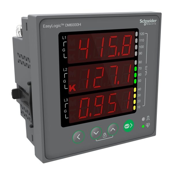 دیجیتال متر DM6200H پاورمتر اشنایدر از دیگر محصولات اتوماسیون اشنایدر می باشد پاورمتر تابلویی یا پاور آنالایزر دستگاهی است که برای سنجش و مانیتورینگ پارامترهای متعددی در زمینه توان و انرژی، در صنایع برق، کارخانجات بزرگ و کوچک، اپراتورهای برق صنعتی و تست ترانسفورماتورهای قدرت تک فاز و سه فاز استفاده می شود. پاورمتر اشنایدر الکتریک از جمله دستگاه های اندازه گیری پرکاربرد در صنعت برق است که مدل های مختلف دارد و اساسی ترین پارامترها را اندازه گیری می کند. پاورمتر اشنایدر الکتریک با داشتن کلاس دقت بالا، قابلیت محاسبه دیماند، پورت ارتباطی سریال یا شبکه اترنت، ورودی – خروجی دیجیتال یا آنالوگ، ساعت داخلی یا RTC، قابلیت ایجاد تعرفه، محاسبه THD و یا TDD، نمایش بزرگی مولفه های هارومونیکی بصورت انفرادی از مرغوبترین پاورآنالیزرهای موجود به شمار می آید. ساده ترین و ارزان ترین پاورمتر اشنایدر در بازار پاورمتر های DM6000 هستند. در حال حاضر پاورمترهای سری PM2000 اشنایدر الکتریک جایگزین پاورمترهای سری PM1000 شده است .پاورمتر های سری ۵۰۰۰ کامل ترین مدل هستند که خروجی دیجیتال و دیتالاگر دارند انواع مدل های این محصولات متناسب با نیاز صنایع و کاربری ها در بازار عرضه می گردد